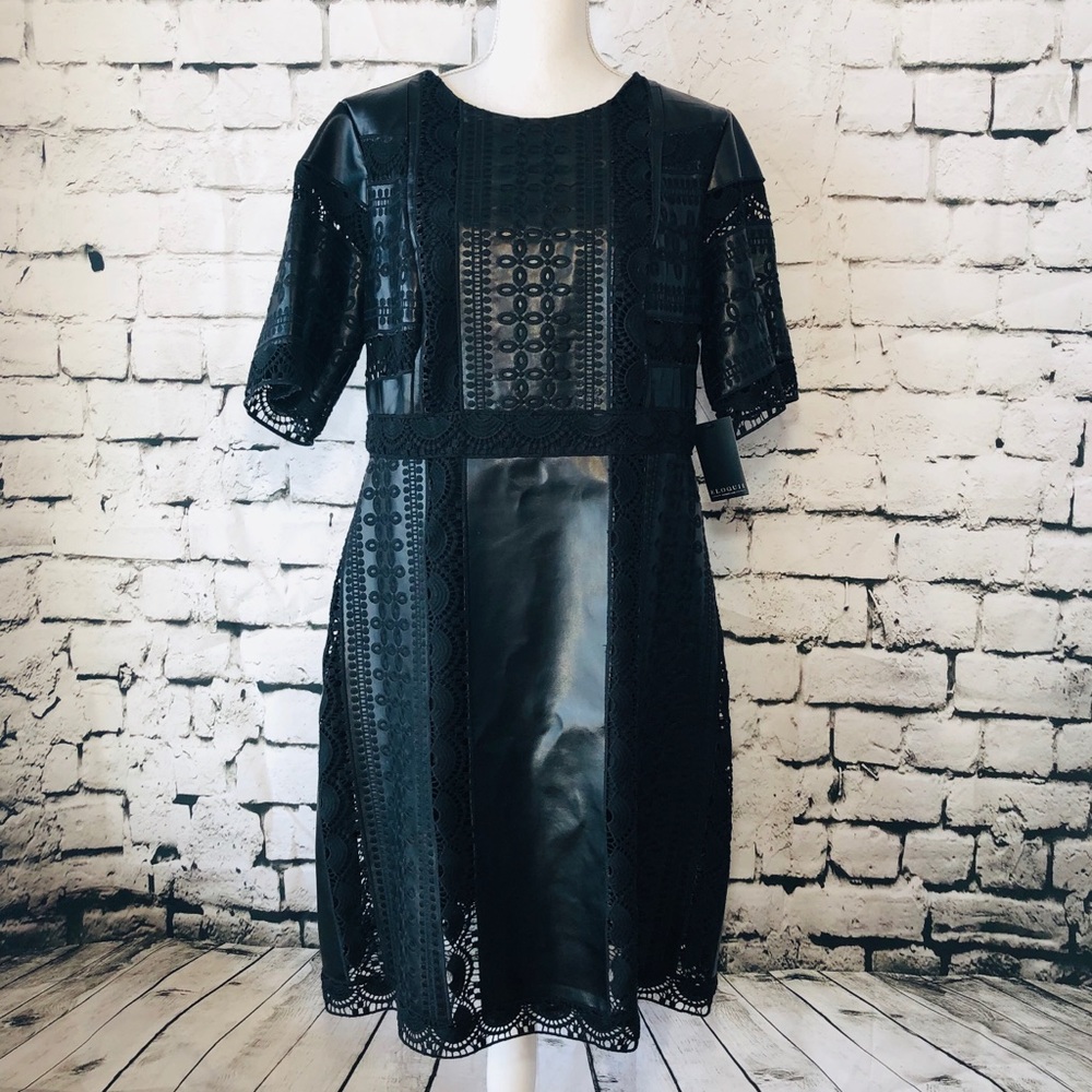 Black Faux Leather Embroidered Dress Size 16